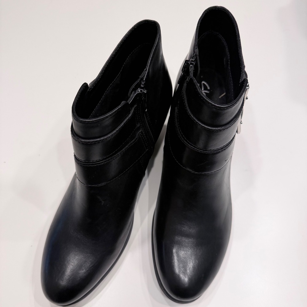 Clarks Artisan Black Leather Double Buckle Ankle Boots Block Heel 261108434075